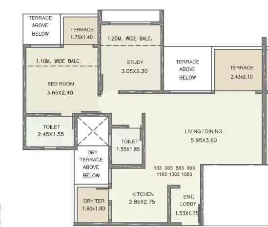 Kolte Patil Three Jewels Moon Stone Unit plan - 852 sq.ft.
