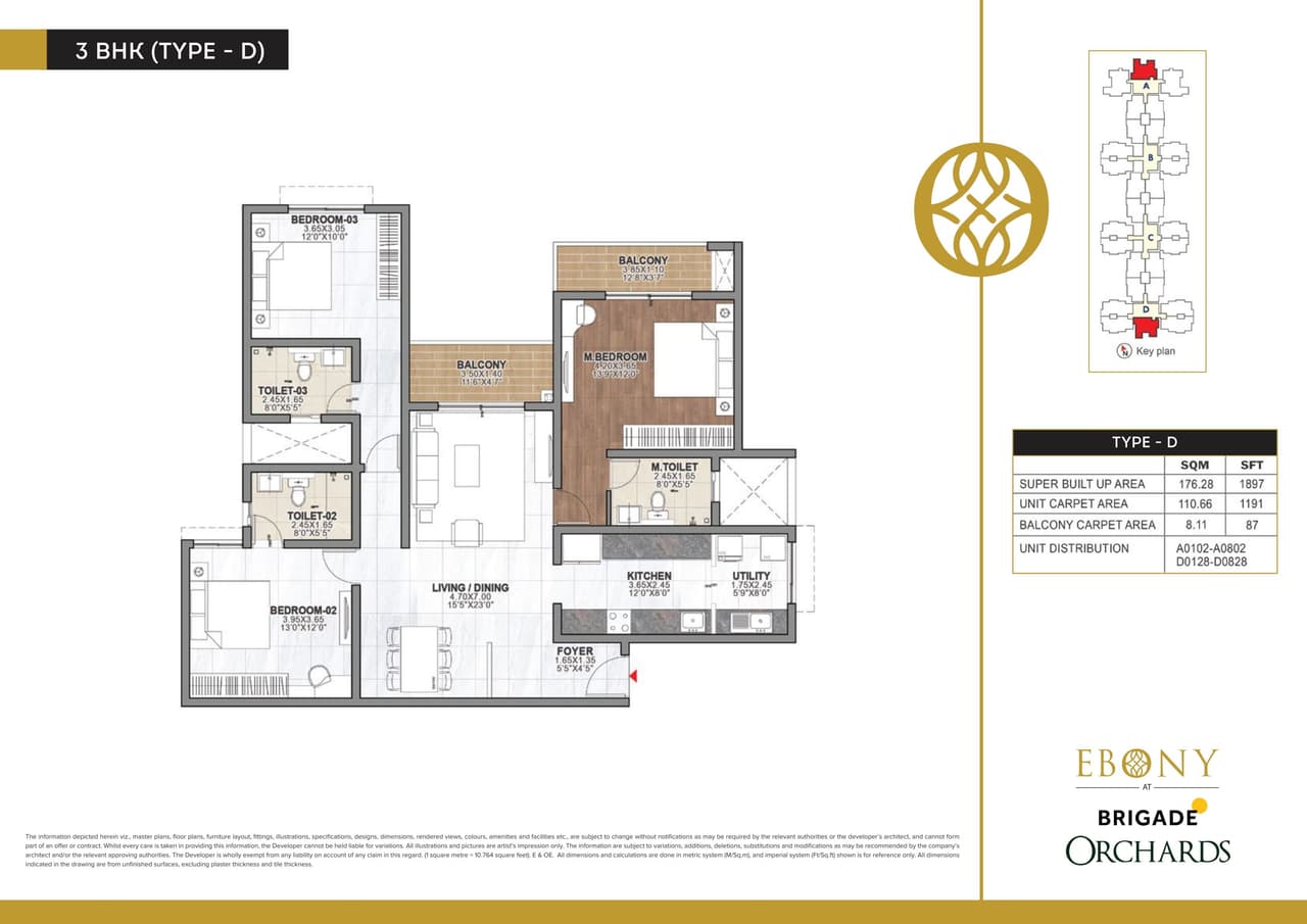 Brigade Orchards Ebony Unit plan - 1191 sq.ft.