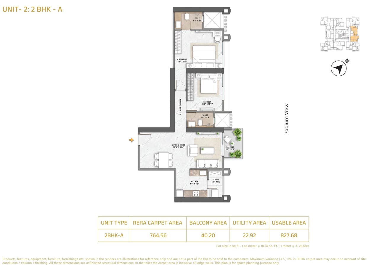 Puravankara Thane Unit plan - 828 sq.ft.