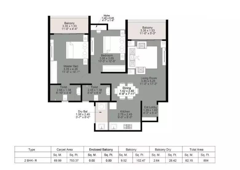 Kohinoor Central Park Unit plan - 884 sq.ft.
