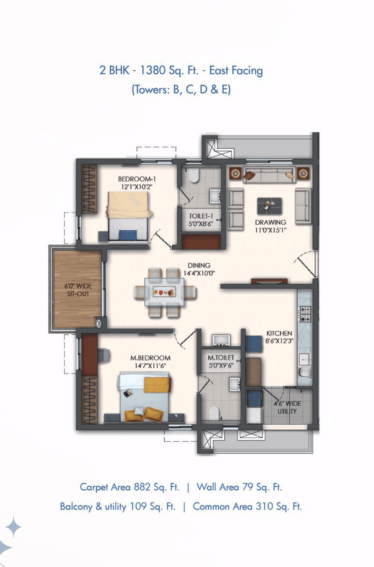 Rajapushpa Pristinia Unit plan - 991 sq.ft.