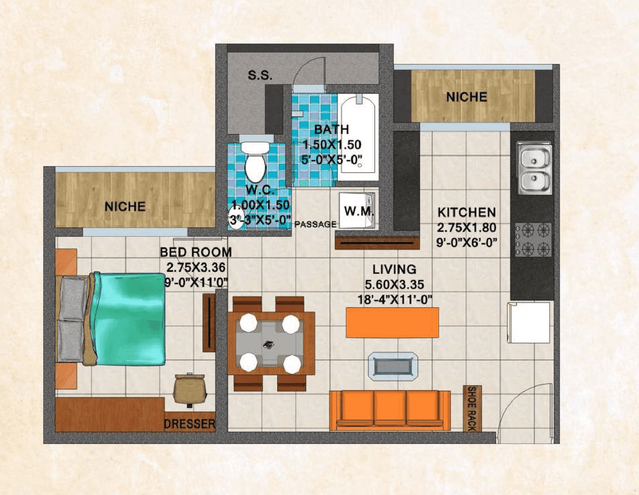 Arihant Aspire Unit plan - 403 sq.ft.