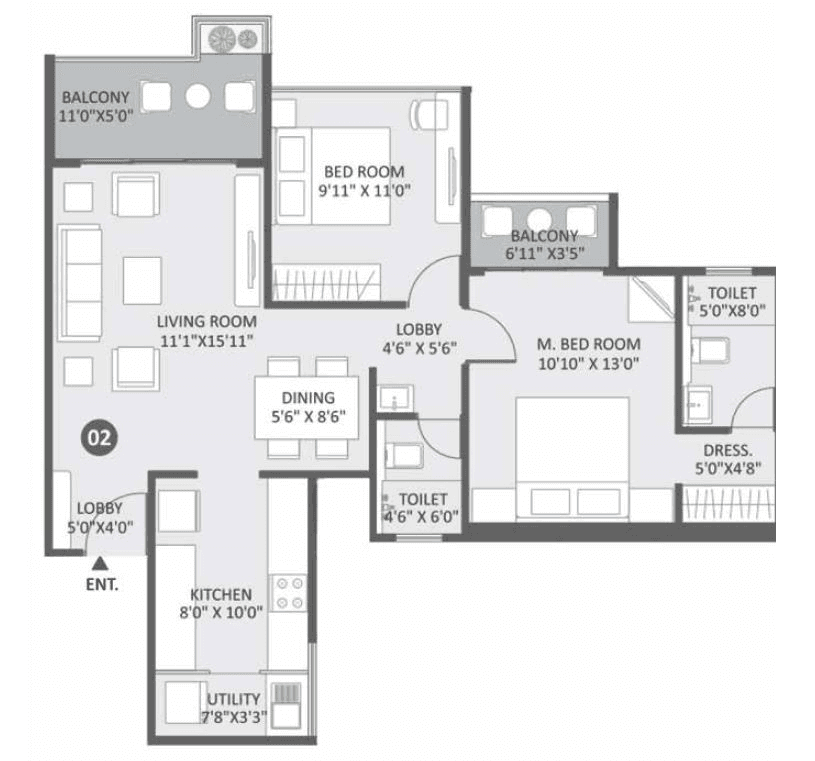 Austin Yana Unit plan - 834 sq.ft.