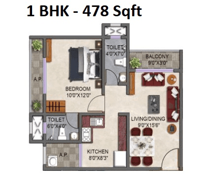 Zar Landmark Unit plan - 478 sq.ft.