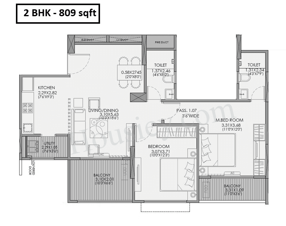 Ganga Newtown Unit plan - 809 sq.ft.