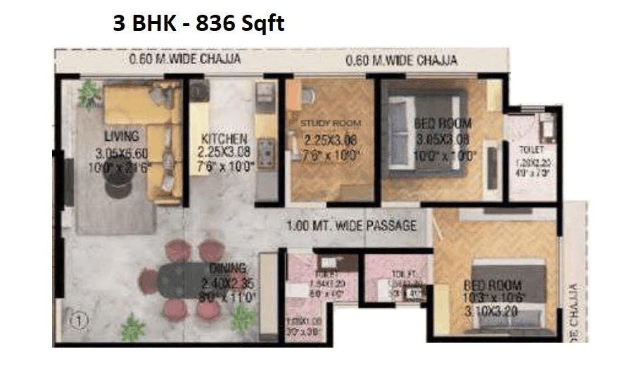 Pattathu Pearl Heritage Unit plan - 836 sq.ft.
