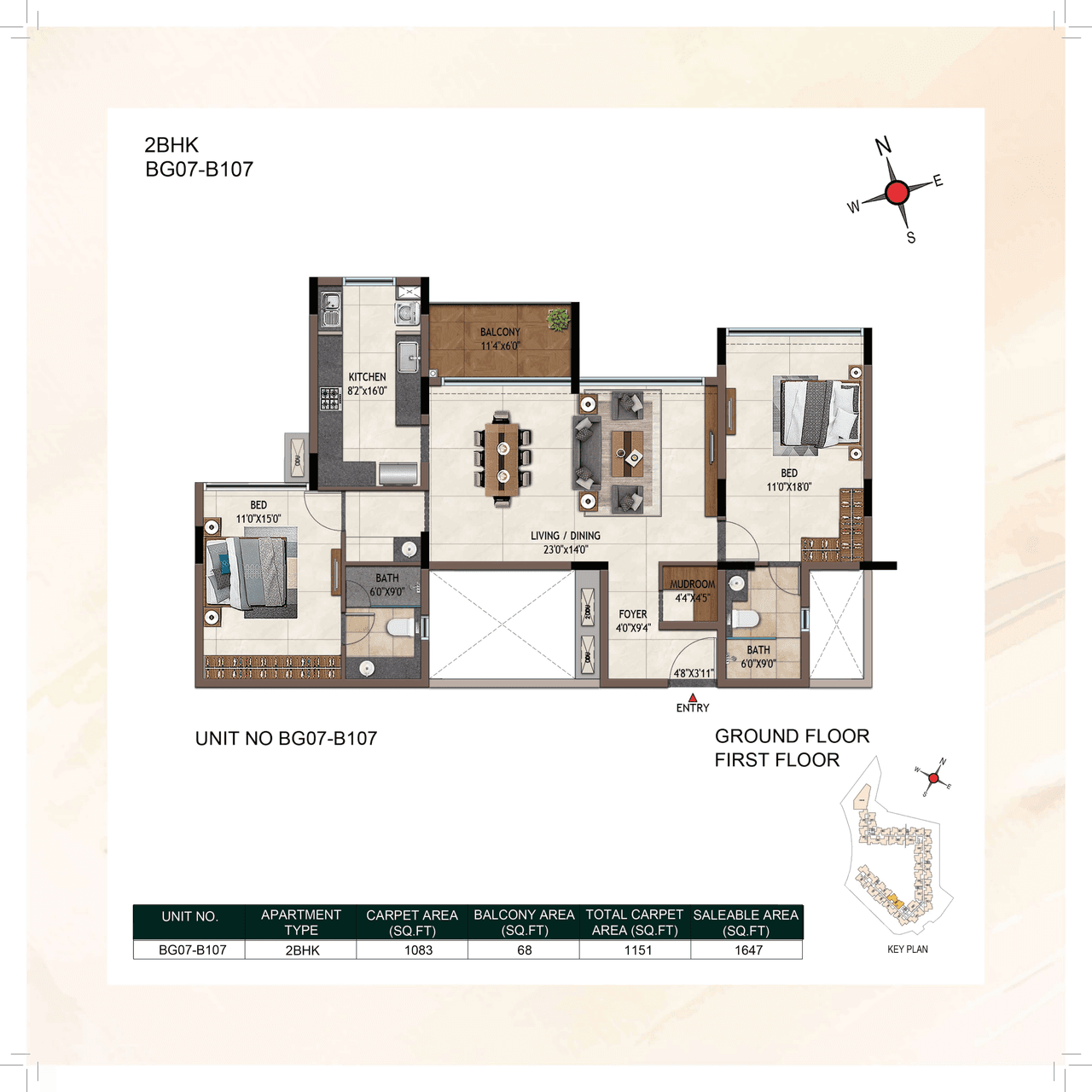 Casagrand Yelahanka Unit plan - 1083 sq.ft.