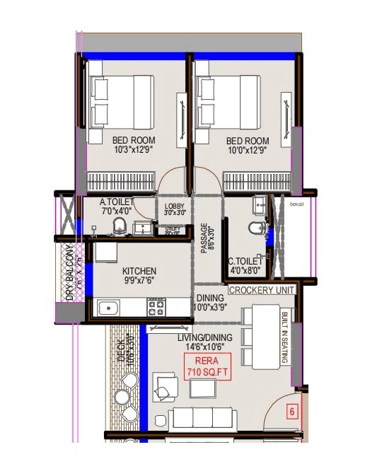 DGS Sheetal Saket Unit plan - 710 sq.ft.