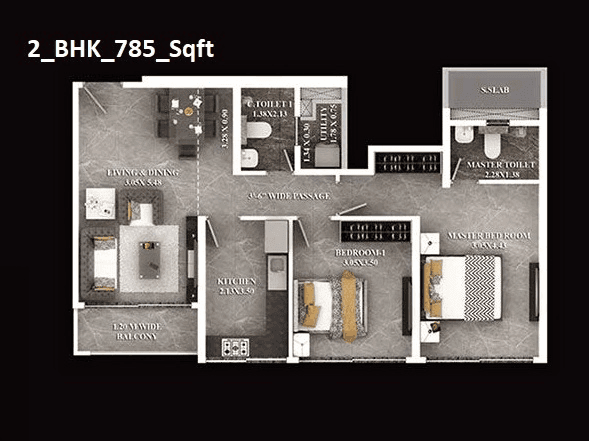 Dosti Eastern Bay Unit plan - 785 sq.ft.