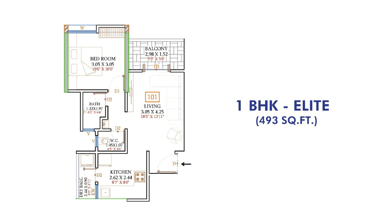 Ram Green Hive Plus Unit plan - 493 sq.ft.