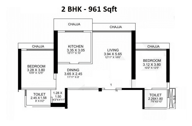 RNA NG Eclat Unit plan - 961 sq.ft.