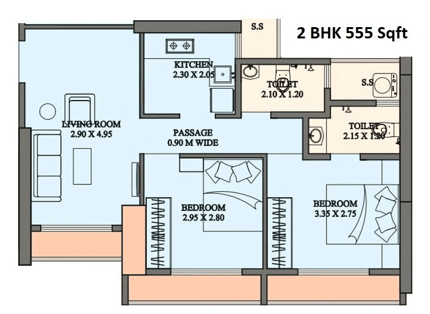 Swamiraj Sky 2.0 Unit plan - 555 sq.ft.