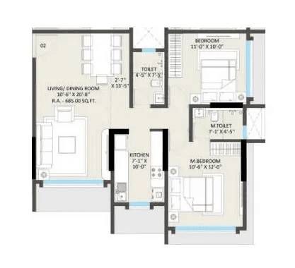 Omnetra Vrindavan Unit plan - 685 sq.ft.