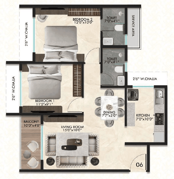 Tharwani Palladian Unit plan - 631 sq.ft.