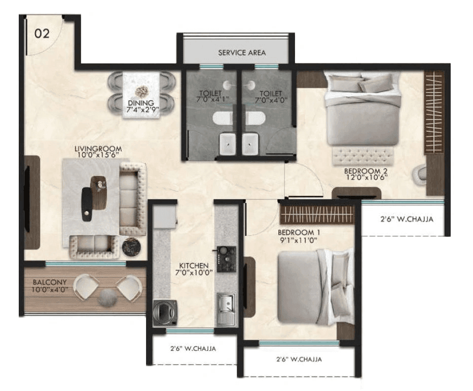 Tharwani Palladian Unit plan - 644 sq.ft.