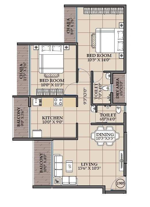 NMS One 27 Unit plan - 876 sq.ft.