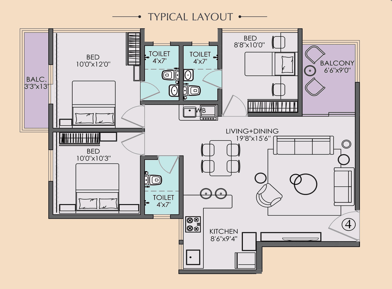 Avirat Panoreeva Greens Unit plan - 910 sq.ft.