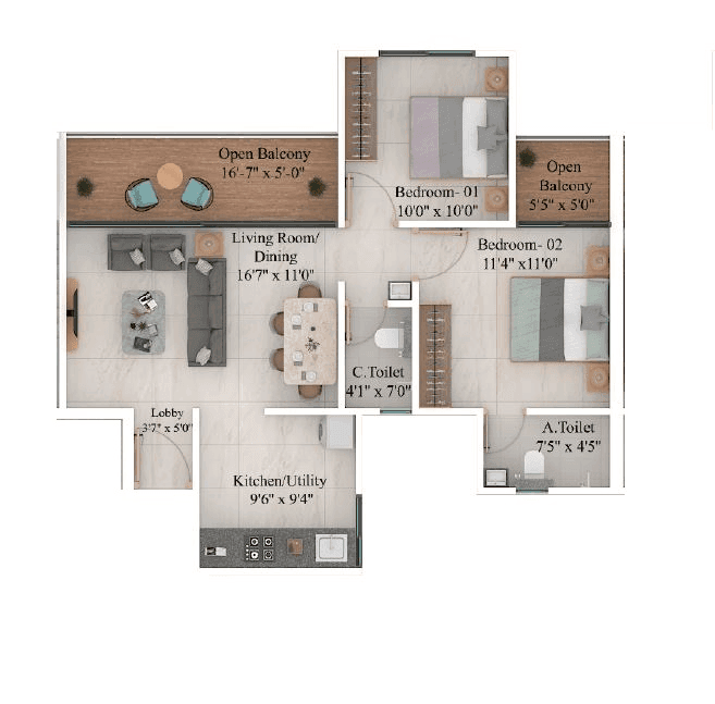 Sonigara The Unicorn Unit plan - 758 sq.ft.