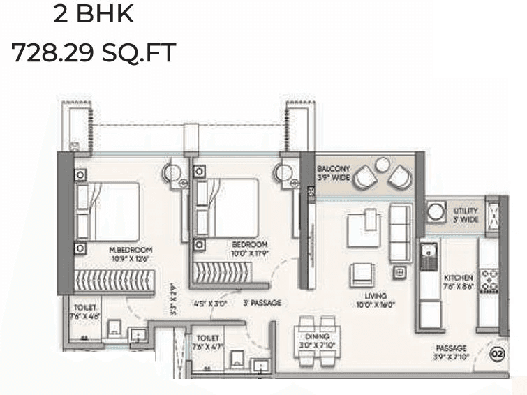 Raymond The Address by GS Wadala Unit plan - 728 sq.ft.