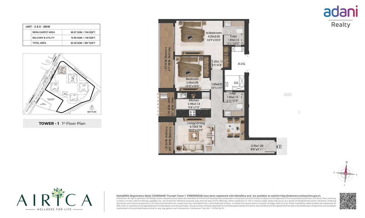 Adani Airica Unit plan - 888 sq.ft.