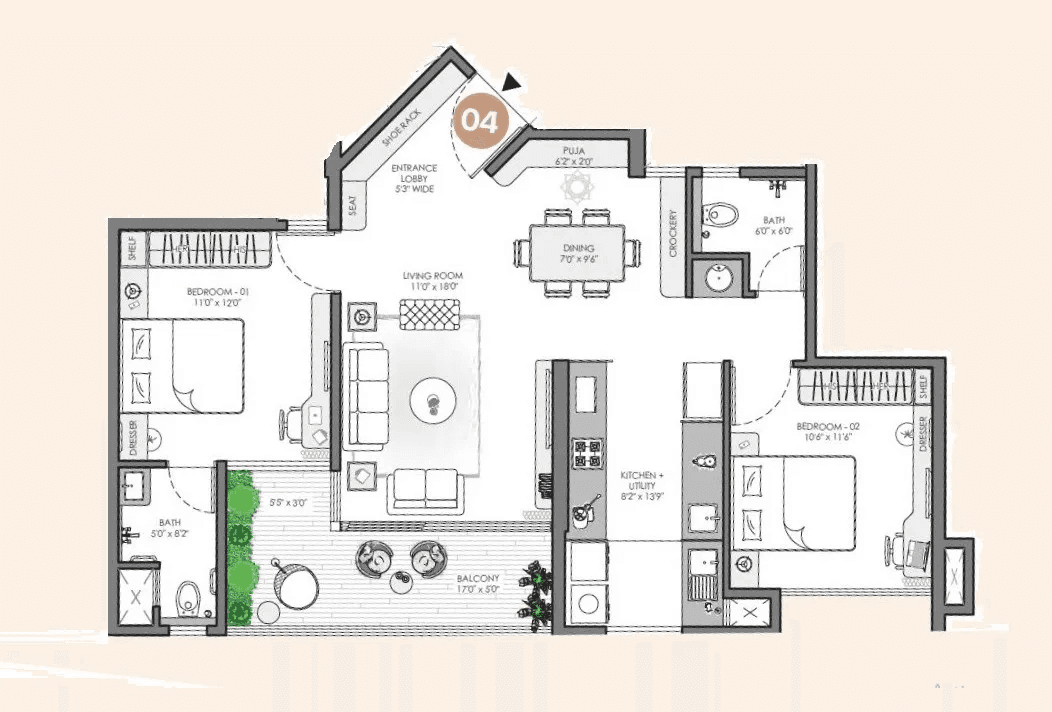 VJ Palladio Central Unit plan - 907 sq.ft.