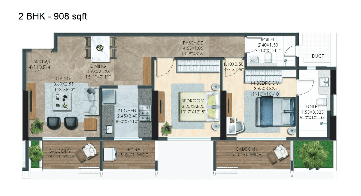 Adani Atelier greens Unit plan - 908 sq.ft.