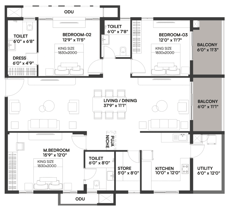 Dev Signature One Unit plan - 1519 sq.ft.