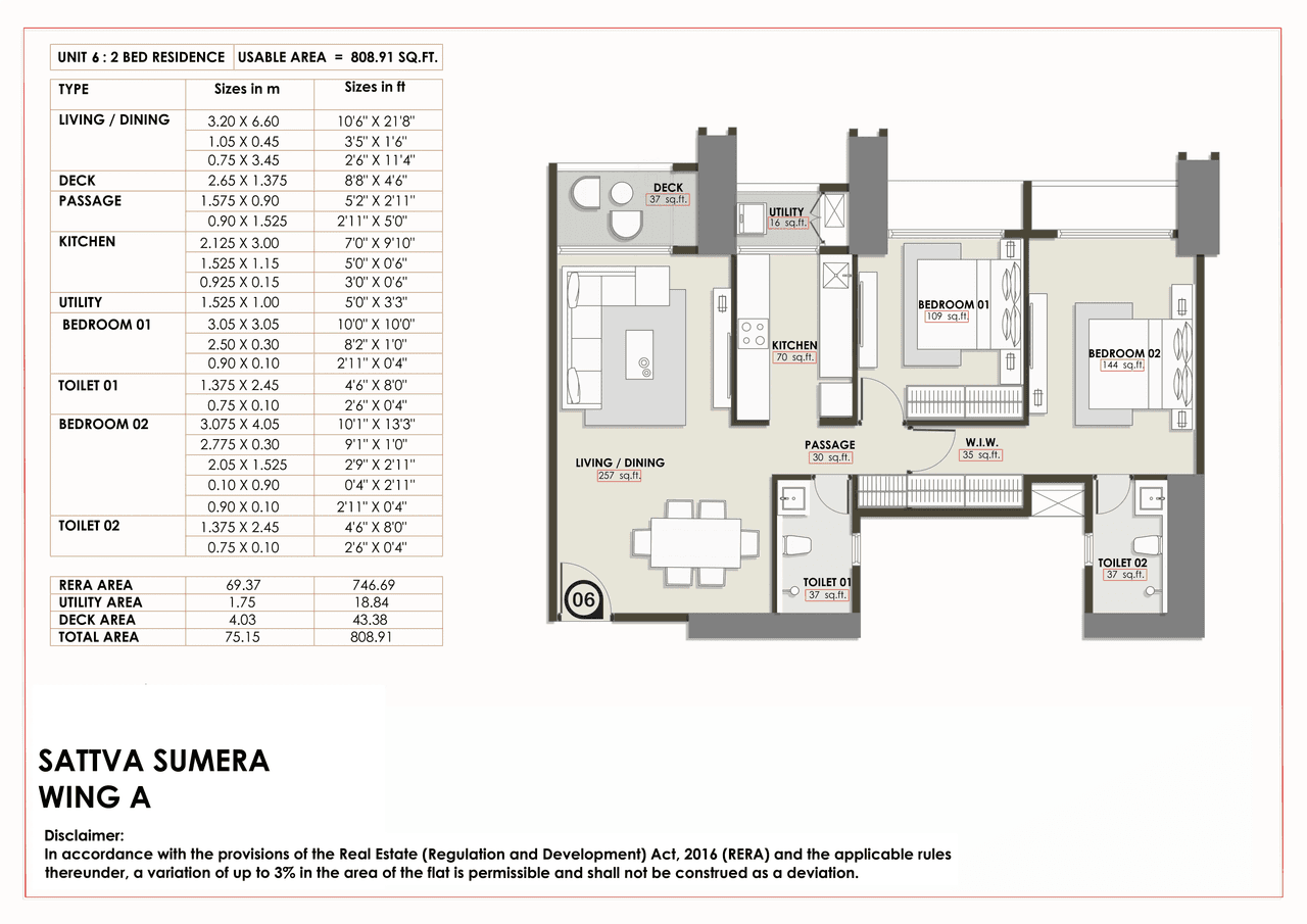 Sattva Sumera Unit plan - 808 sq.ft.