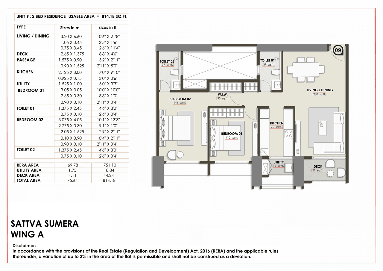 Sattva Sumera Unit plan - 814 sq.ft.