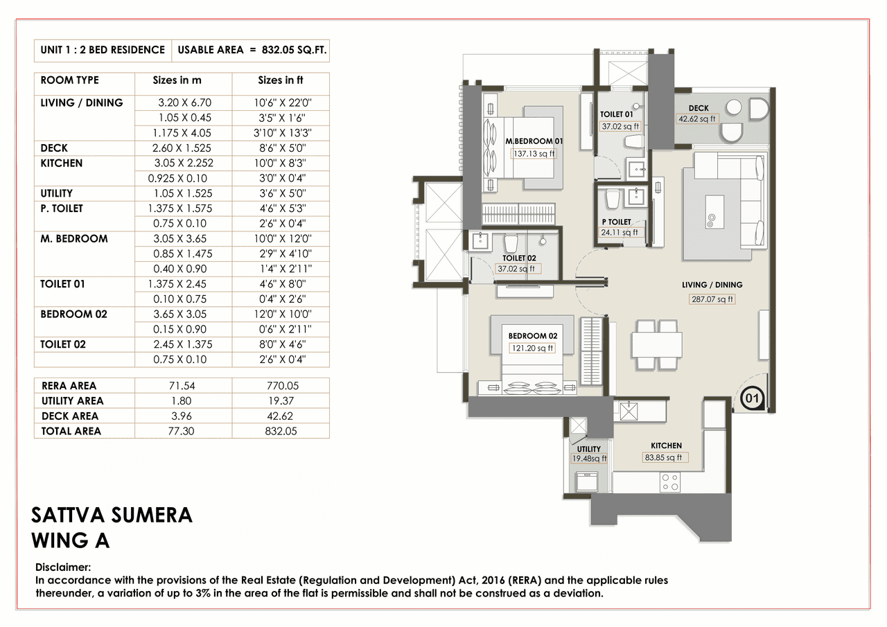 Sattva Sumera Unit plan - 832 sq.ft.