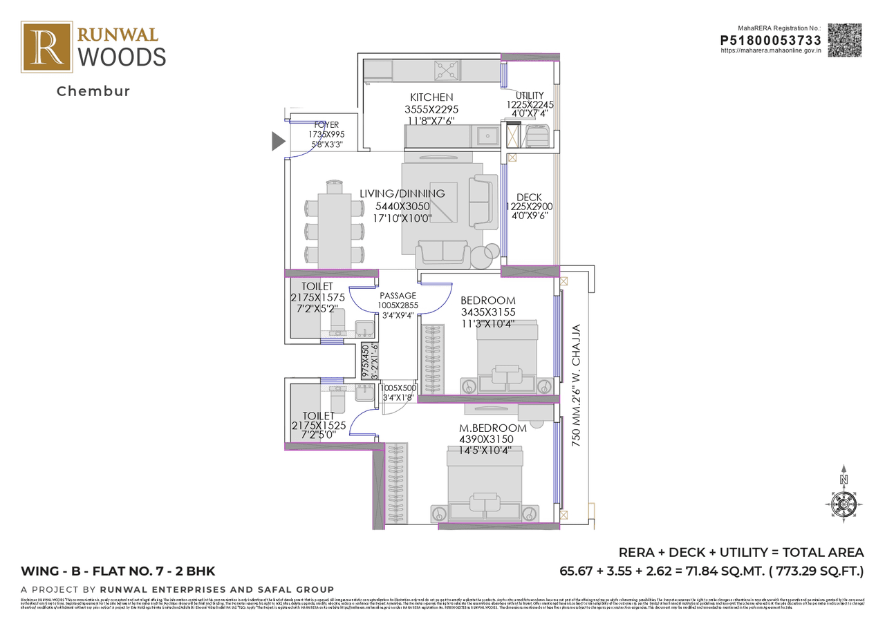 Runwal Woods Chembur Unit plan - 773 sq.ft.