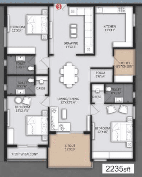 Om Sree Grand Unit plan - 1565 sq.ft.