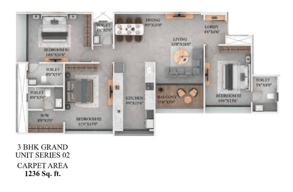 Majestique Twilight Unit plan - 1236 sq.ft.