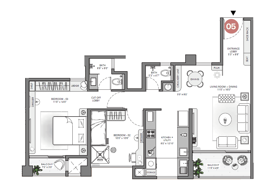 VJ Palladio Central Unit plan - 830 sq.ft.