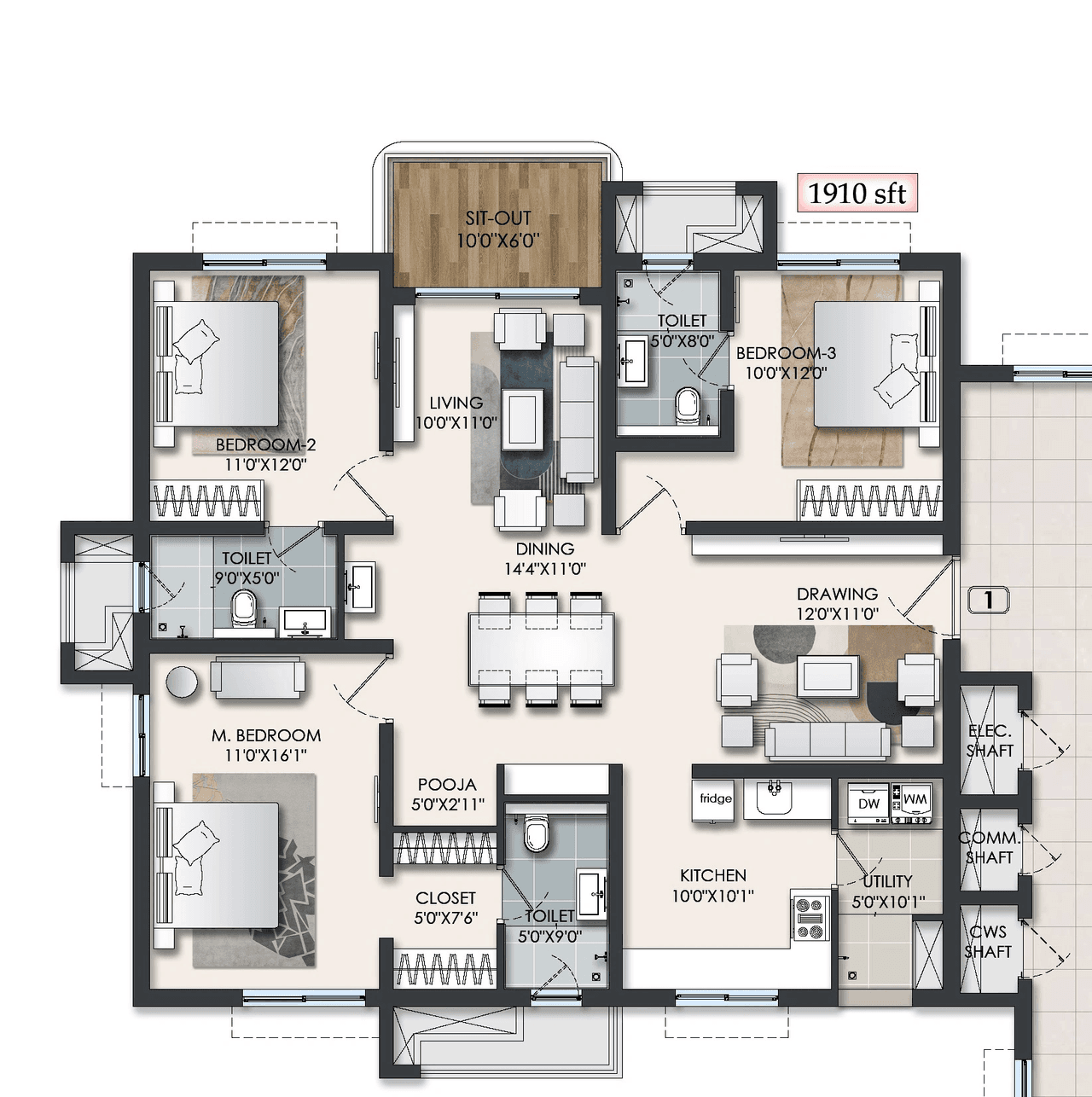 Raghava Halo Unit plan - 1337 sq.ft.