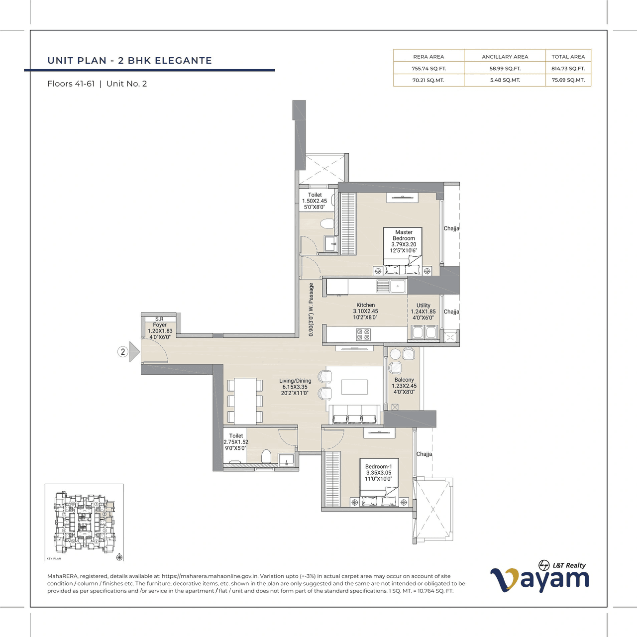 L&T Vayam Unit plan - 814 sq.ft.