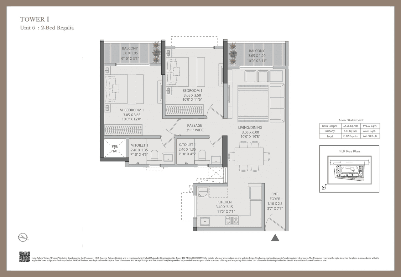 K Raheja Vistas Unit plan - 765 sq.ft.