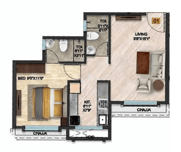 Qualcon Mantram Solacia Unit plan - 416 sq.ft.