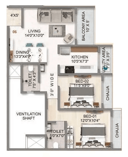 Unit plan - 843 sq.ft.