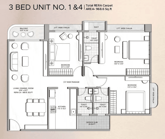 Unit plan - 968 sq.ft.