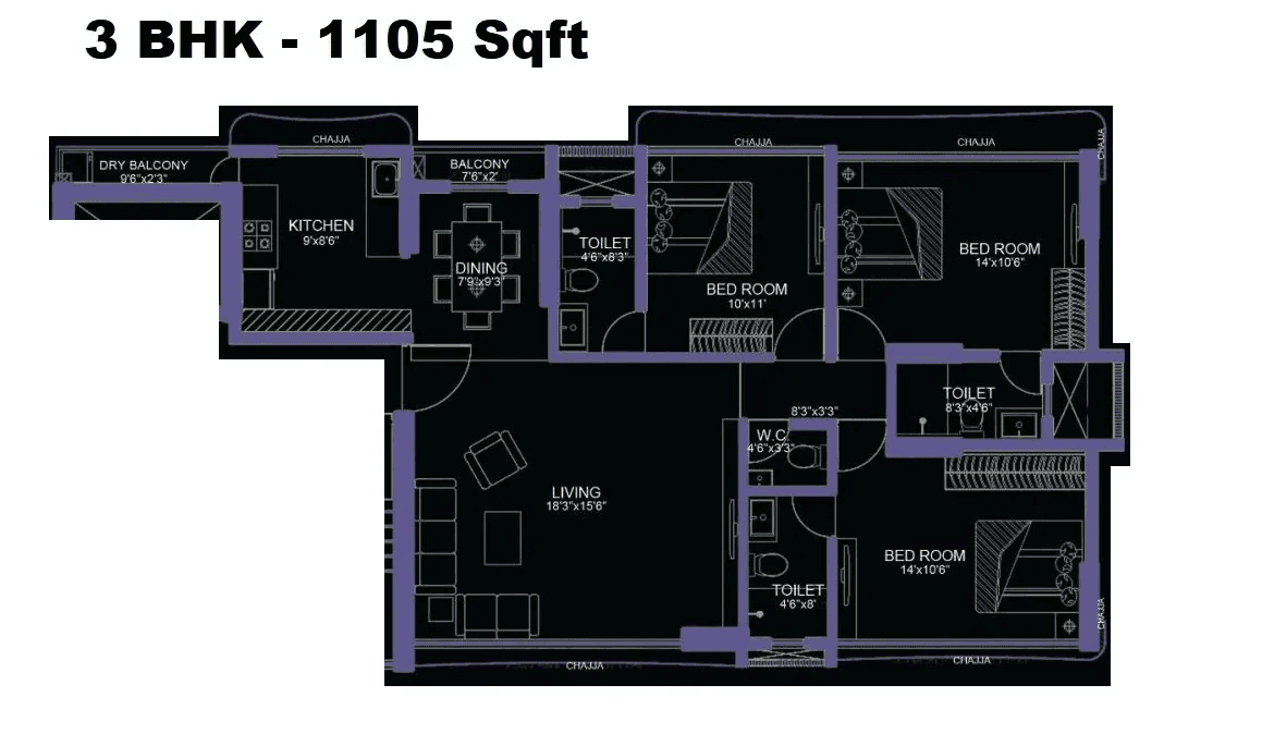 Unit plan - 1105 sq.ft.