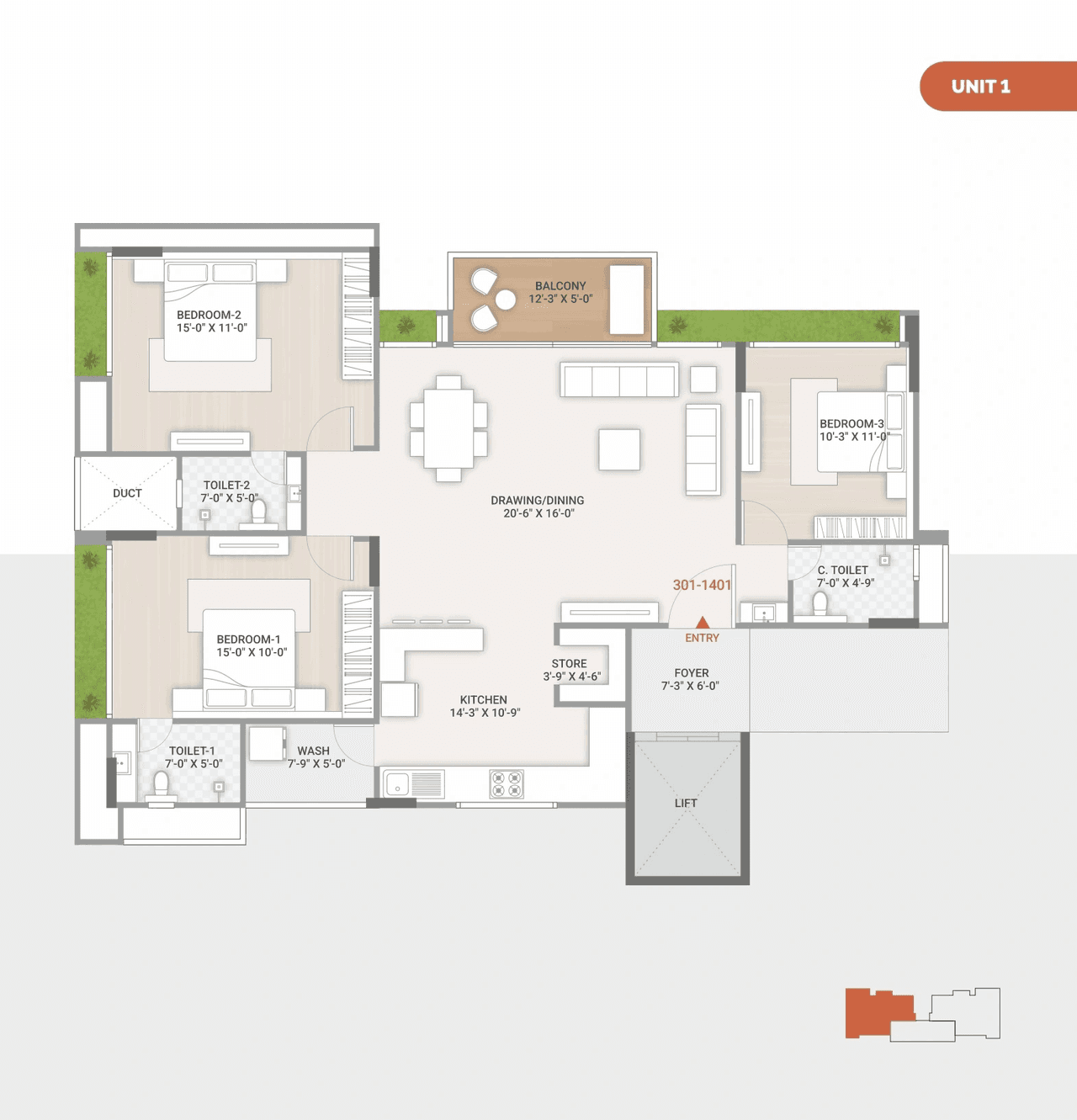 Unit plan - 1100 sq.ft.